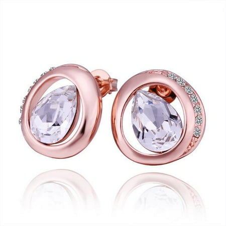 Circular Gemstone - Aventura Jewellery 18K Rose Gold Circular Stud Earrings with Crystal Jewel Made with Cubic Zircon