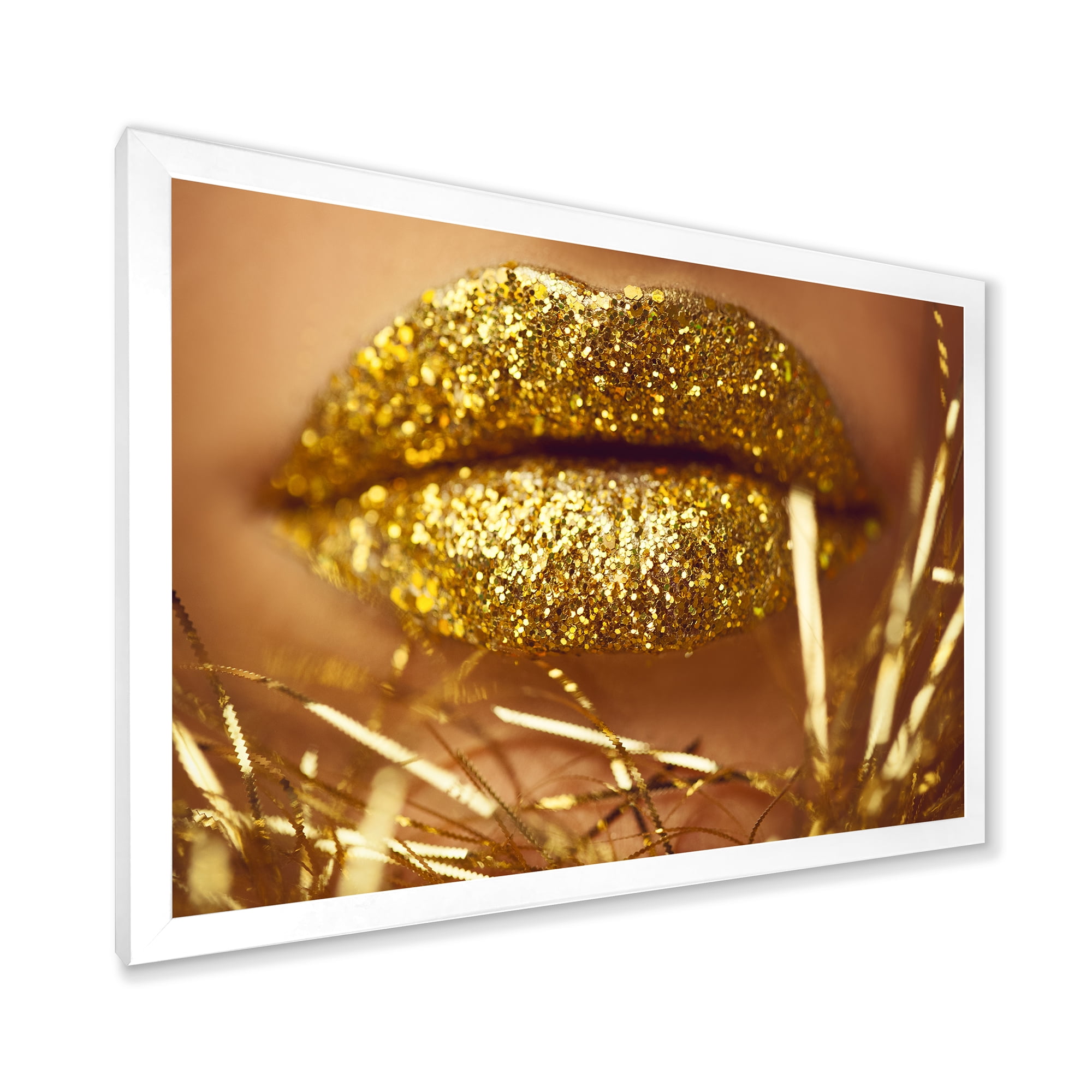 Designart 'Golden Female Lips' Modern Framed Art Print
