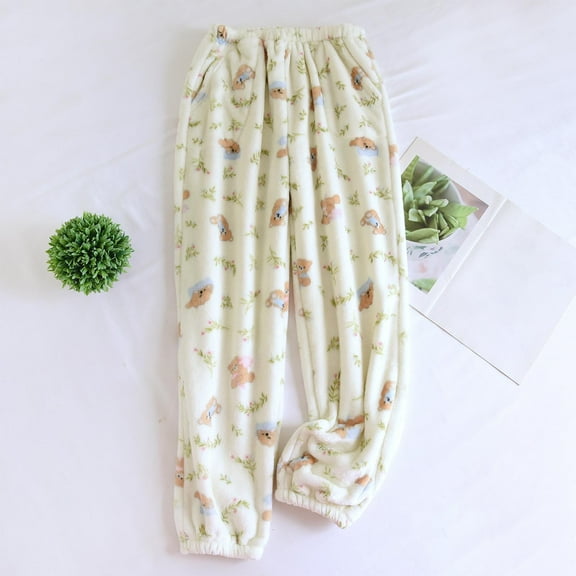 Sunvit-Panties Pajamas Womens Beige Cozy Sleep Pants - 100% Polyester Plush, Teddy Bear Floral Print, Elastic Waist & Cuffed Ankles, M/L/XL for Lounging/Sleeping,Size XL