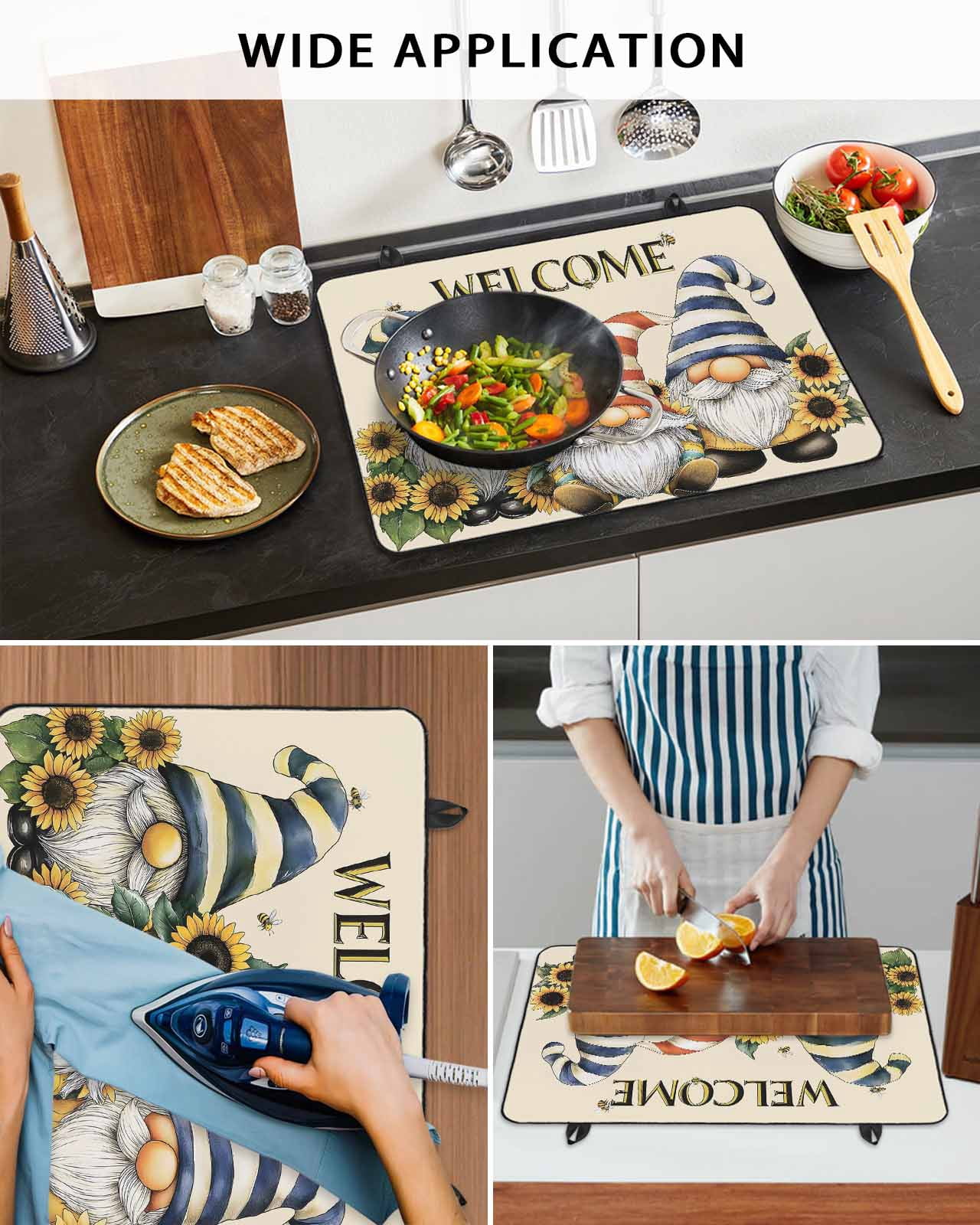 nqOlkjepod Large Induction Cooktop Protector Mat 24"x21", Sunflower Gnomes Stove Top Covers for Electric Stove, Yellow Summer Botanical Striped Bee Vintage Stove Burner Cover Mats Stove Cover