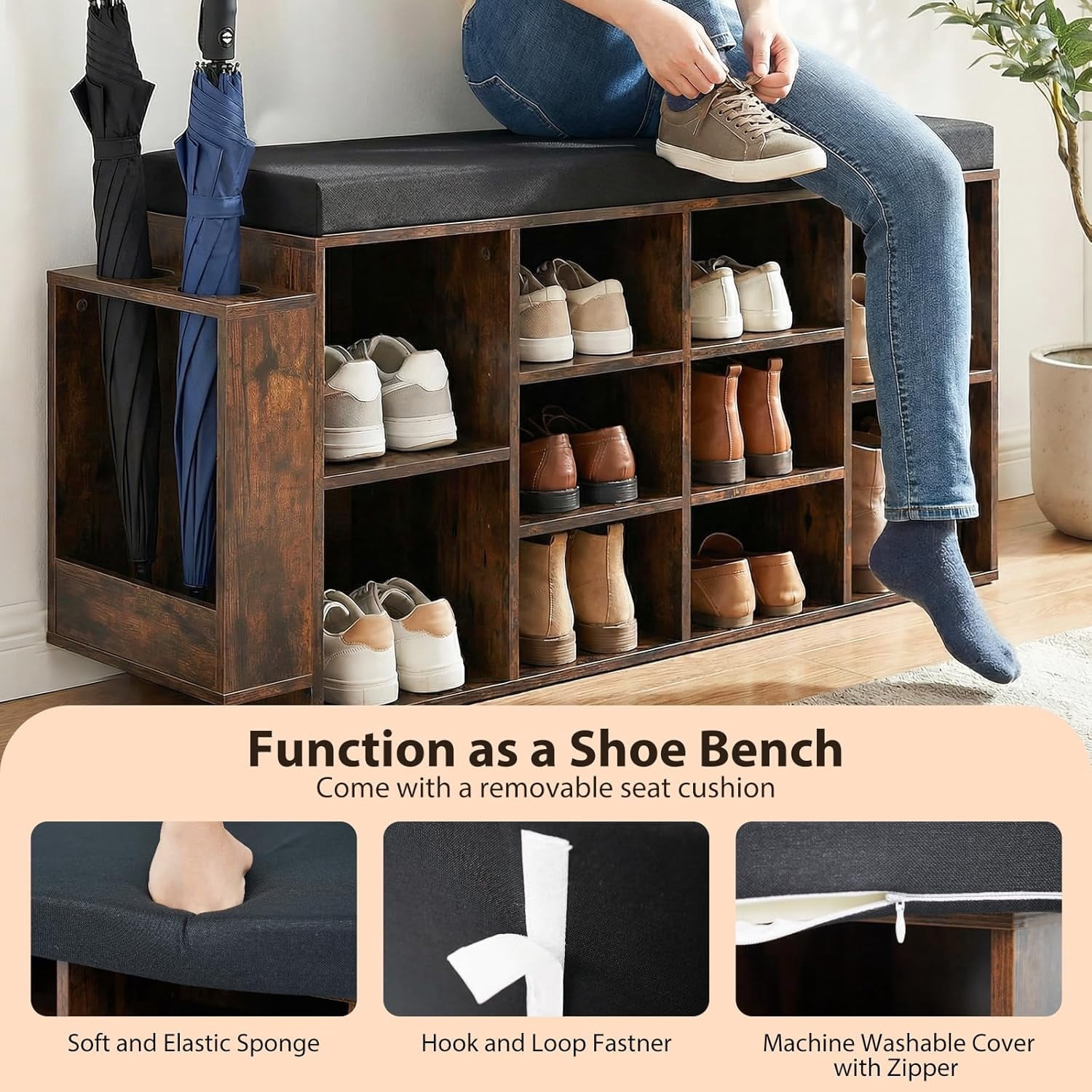 Shoe Storage Bench with Umbrella Holder, 40" Shoe Organizer with Cushioned Seat, 10 Cubbies & Adjustable Shelves, Wooden Industrial Shoe Rack for Entryway, Living Room, Bedroom
