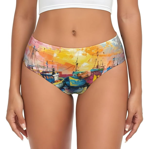 Balery Colorful Fishing Boats Ropa Interior de Algodón para Mujer con Dibujo – Braguitas Cómodas y Elásticas, Estilo Clásico-Large