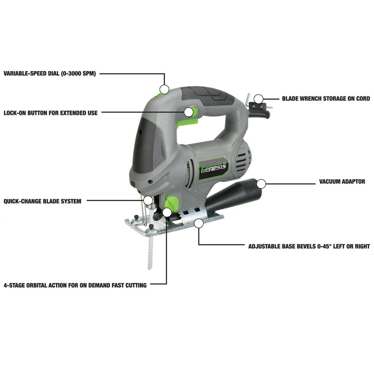 5.0 Amp Variable Speed Jig Saw with Quick-Change, 4-Position Orbit, Adjustable Base, Rip Guide and Blades 5.0 Amp Variable Speed Jig Saw with Quick-Change, 4-Position Orbit, Adjustable Base, Rip Guide and Blades
