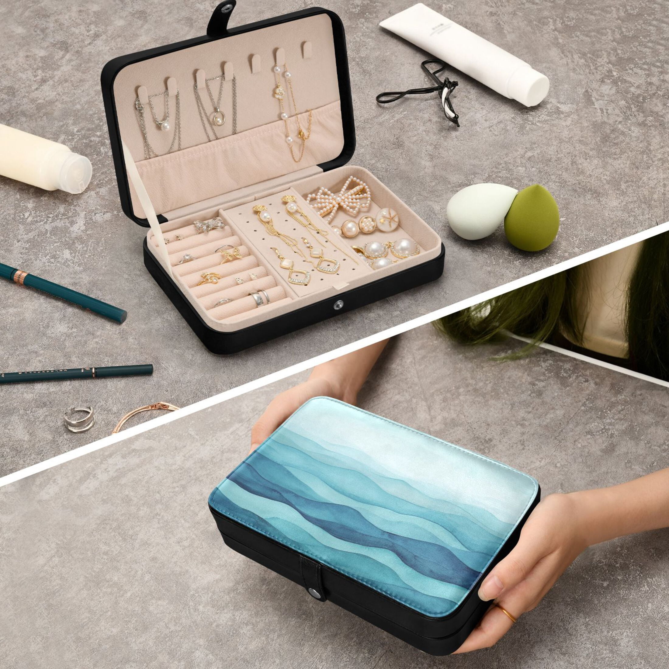 Leather Jewelry Box Rectangular 8.27x5.5x1.78In Travel Jewelry Storage Earrings Necklace Bracelet Watch Brooch Storage Cartoon Blue Sea