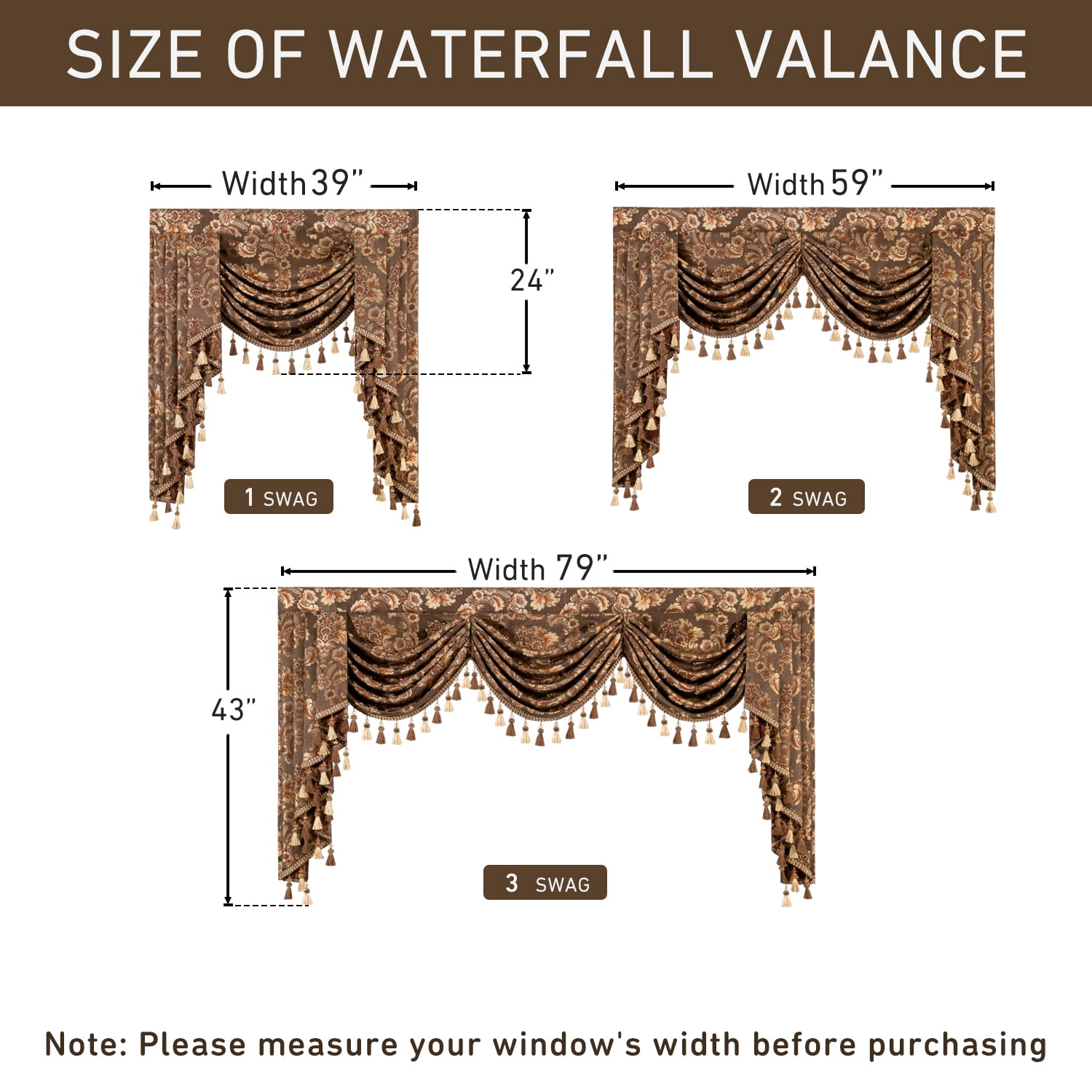VOGOL Coffee Brown Damask Valance, Heavyweight Swag Curtains with Tassels 39x43 Inches for Bedroom