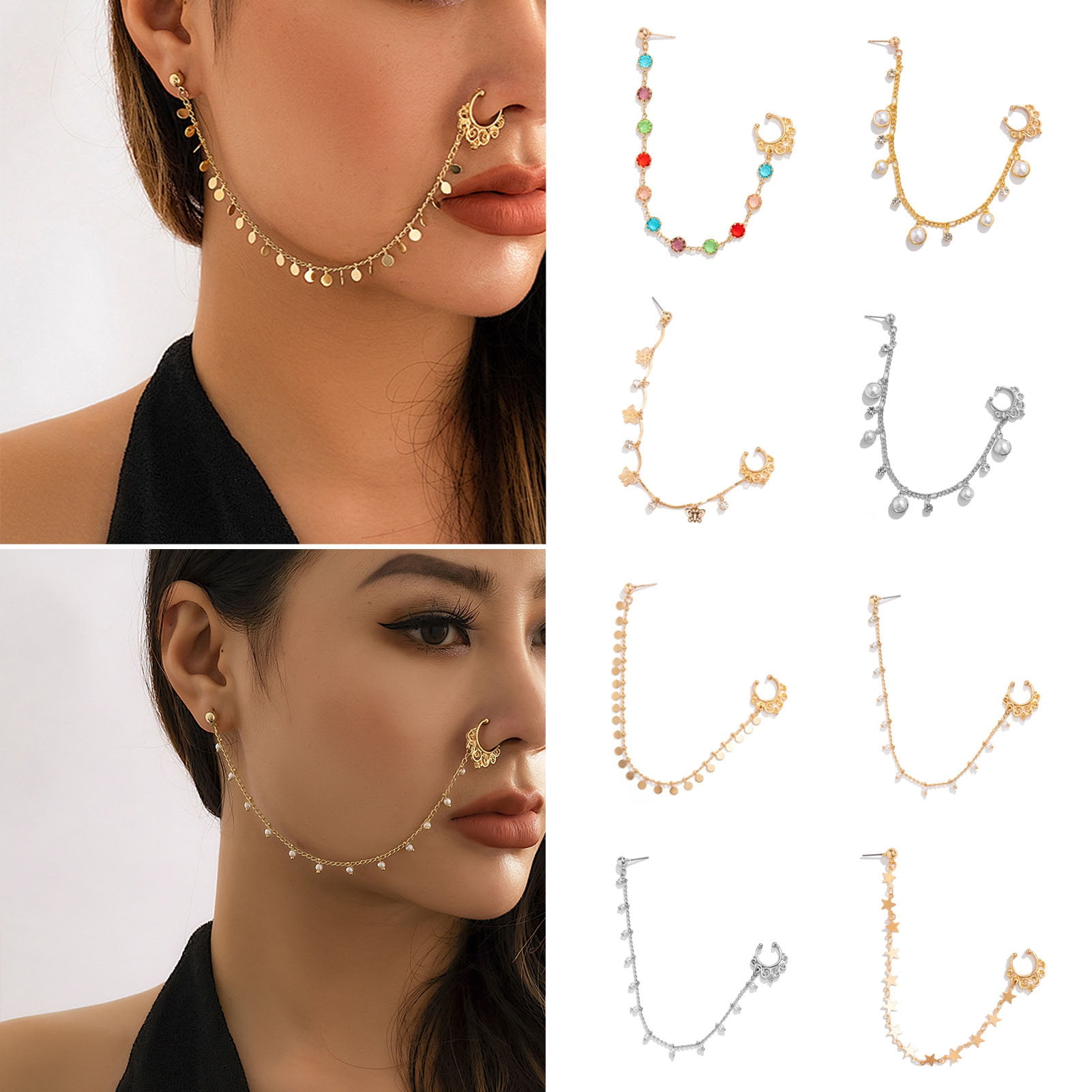 Kiskick Stud style Nose Ring Nose Chain Jewelry Ethnic Style Star Leaf Faux Pearl Tassel Chain Nose Jewelry Piercing Stud Earrings Nose Ring Nose Chain Walmart