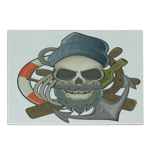 Skull Cutting Board, Illustration of Sailor Old Skull with Beard Mascot Nautical Theme Skeleton Lifebuoy, Decorative Tempered Glass Cutting and Serving Board, in 3 Sizes, by Ambesonne