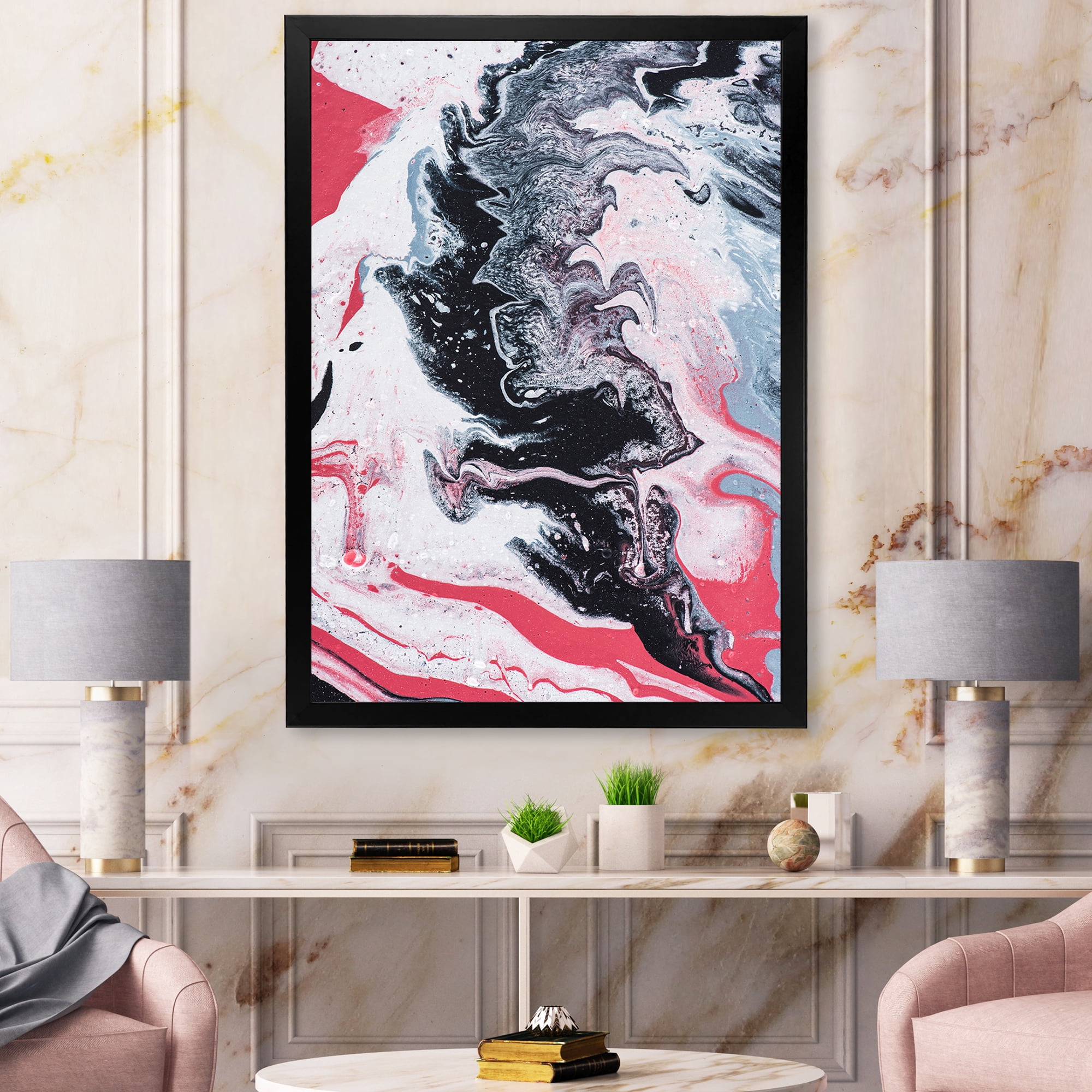 Designart 'Abstract Marble Composition In Gray and Pink I' Modern Framed Art Print