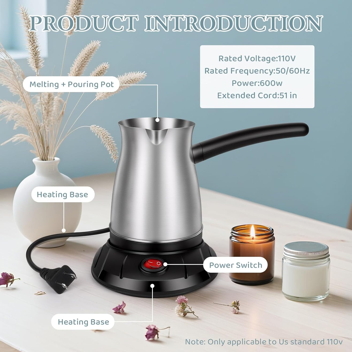 Aottom Wax Melter for Candle Making - Stainless Steel Pot with Pouring Spout, DIY Kit Supplies Included Wicks, Wick Stickers, Centering Device, Stirring Spoon