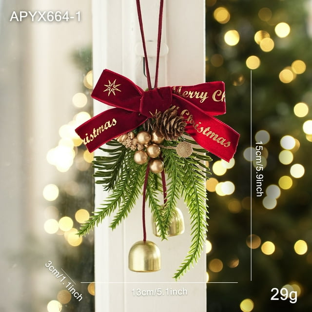 C Christmas Bow With Small Bell Ornament Hanging Decoration For Tree Gift Package Party Festival Home Decor