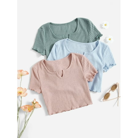 

Short Sleeve Girls 3pcs Lettuce Trim Rib Knit Tees T Shirt S221904X Multicolor 9Y(53IN)