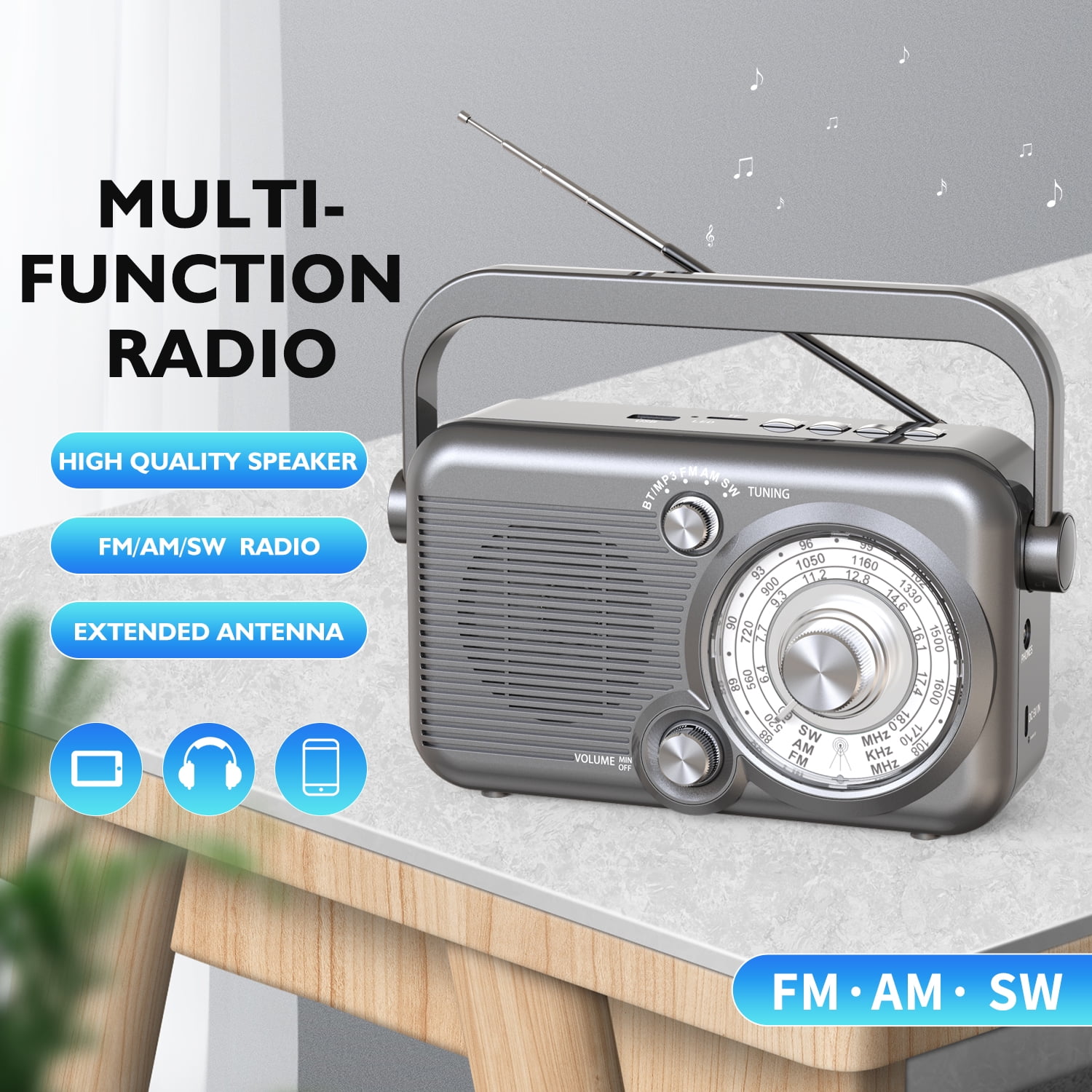 Portable Rechargeable AM/FM/SW Radios, Bluetooth 5.3, TF Card Support, Retro Vintage Radio Perfect for  Seniors