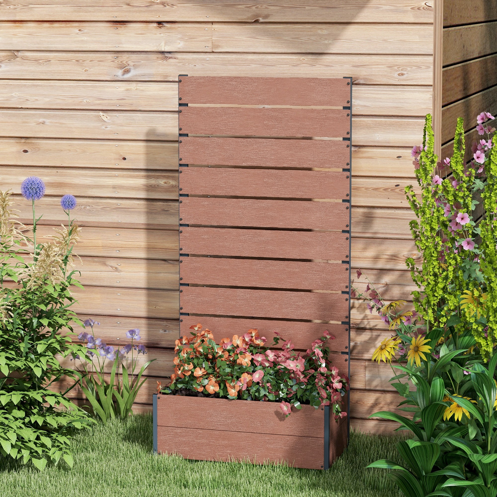 Raised Garden Bed with Trellis for Climbing Plants, Planter Box with Drainage Gap, Freestanding Trellis Planter for Outdoor, Patio, Deck, 28.25" x 15" x 59", Brown