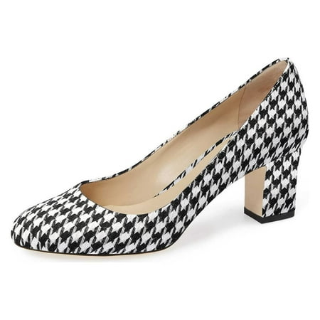 XYD Women Chunky Block Heels Round Toe Shoes Comfortable Party Office Pumps Slip Ons Size 7.5 Houndstooth