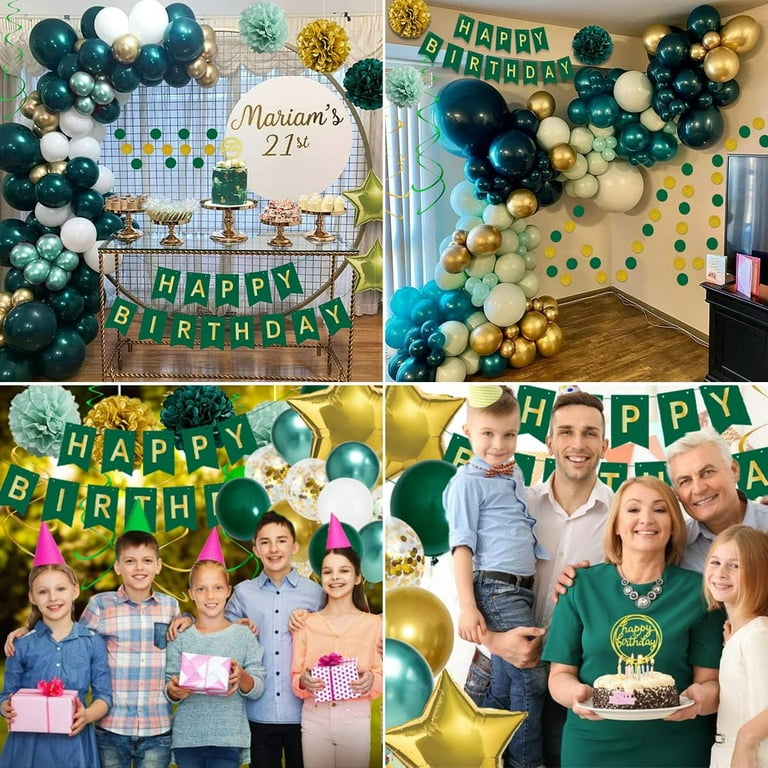 Specool Green Gold Party Decorations Men Women 55pcs Dark Green Gold Balloons Garland Kit Tissue Pom Poms Flowers Happy Birthday Banner Metal and