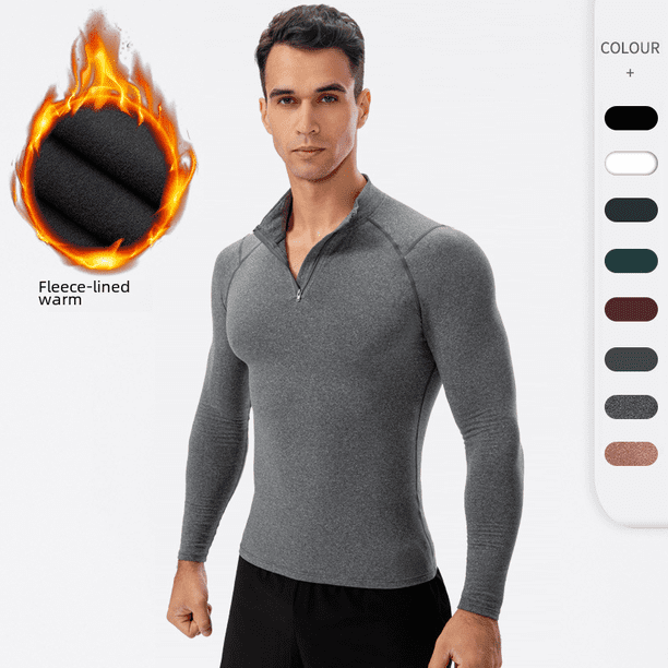 Sudadera de manga larga con cuello cálido para entrenamiento deportivo, ajustada, elástica y muy elástica, con forro polar, para otoño e invierno para hombre