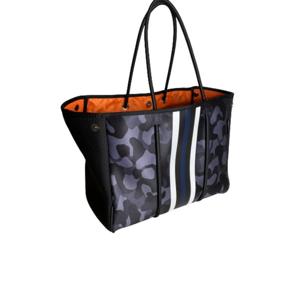 Neoprene Tote Bag Black Camo Navy Stipe