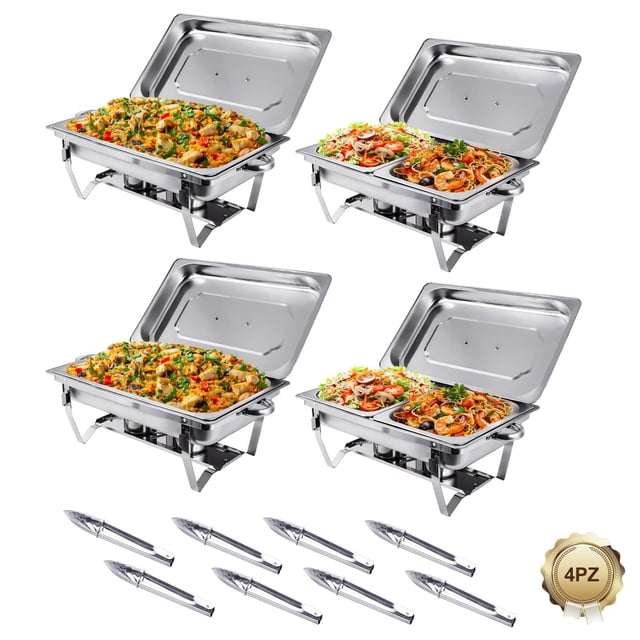 Bufeteras de Acero Inoxidable de 8 Qt, 4 PZ Chafers para Buffet Profesional,Calentador de Alimentos Plegable para Banquetes, Fiestas y Bodas (con 8 pz clip de comida)