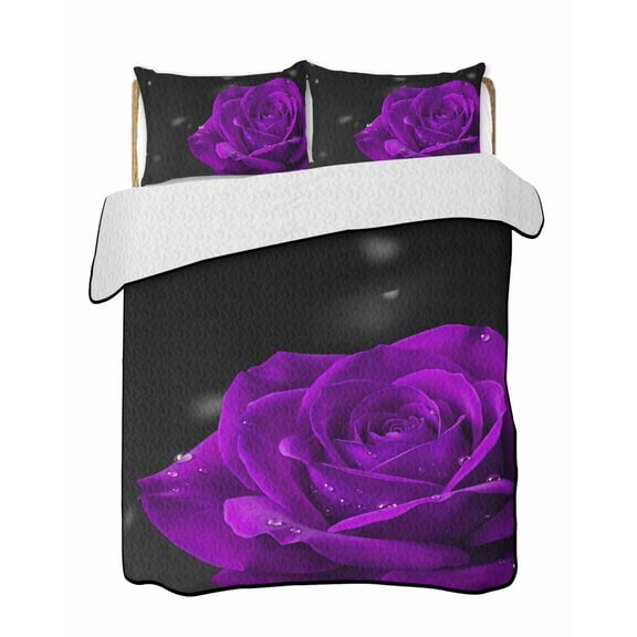 Quilts Queen Size Bedding Set, Purple Rose Lightweight Quilted Comforter, Abstract Spring Flowers Vintage Black Soft Reversible Bedspread Coverlet with Pillow Covers for All Season, 90" x 96"