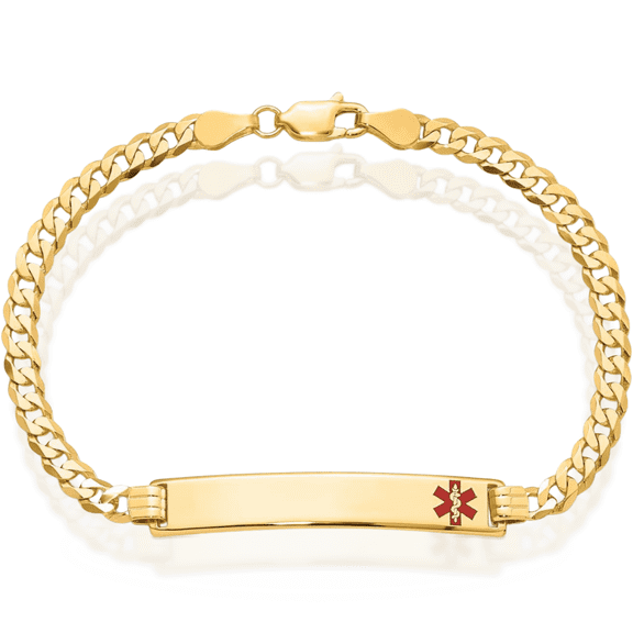 14K Solid Yellow Gold Medical Alert Curb Link Name Bar Identification ID Bracelet