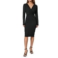 thumbnail image 2 of Women Midi Bodycon Dress Solid Color Deep V-Neck Long Sleeve Dress Spring Fall Evening Party Dress, 2 of 10