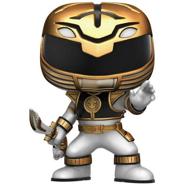 ¡funko pop! tv: poderosos power rangers morphin - guardabosques blanco Funko Pop! vinil de 3 3/4 pulg., vista frontal en caja tipo ventana. Ranger Blanco con casco dorado y visor negro, peto, cinturón y brazaletes dorados; sostiene una daga morfín. A menudo se usa como figura de exhibición en estanterías y colecciones.
