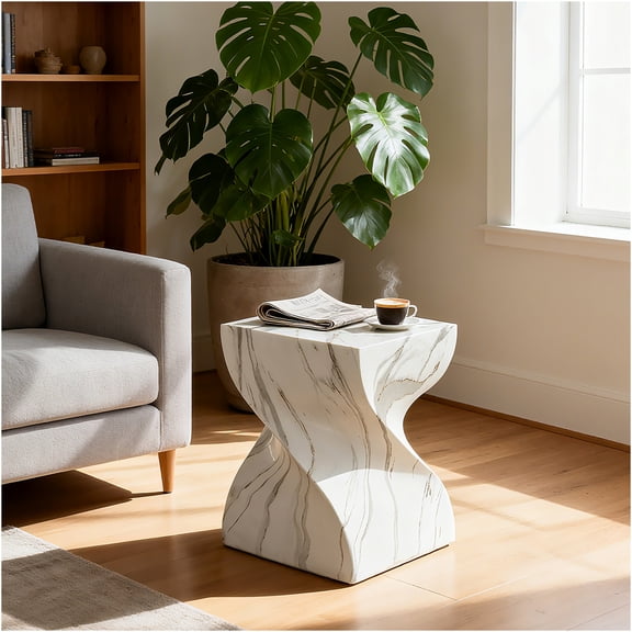 JERFIT 24 inch Round Outdoor Side Table, Modern Marble Accent Table for Patio Garden, MGO Drum Stool Indoor Outdoor Use, Faux Stone Plant Stand, Small End Table