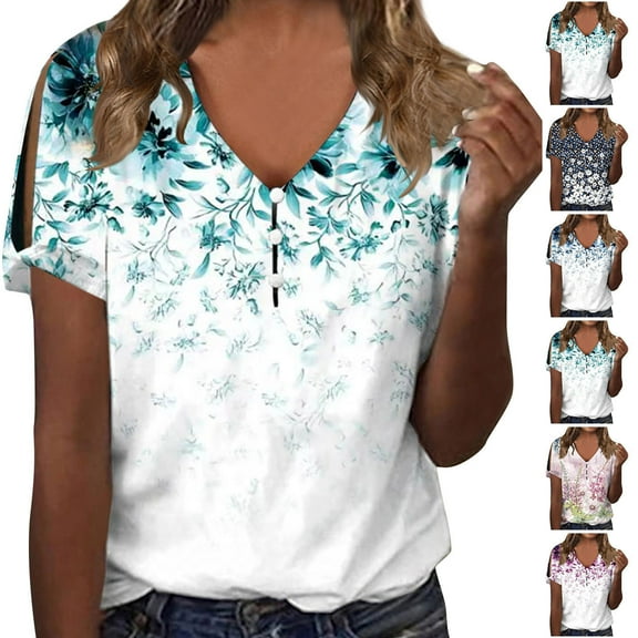 Fesfesfes Short Sleeve T Shirt Women Fashion Casual Printing Shirts Short Sleeve Loose Tee Tops V Neck Blouse Going Out Tops for Women XL(US:10)