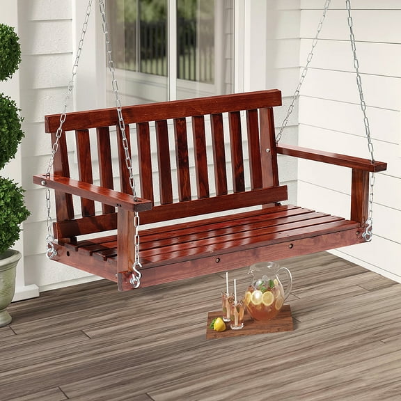 Dkelincs 48 inch Wood Outdoor Hanging Porch Swing Bench with Armrest and Chains 800 lbs Weight Capacity, Brown