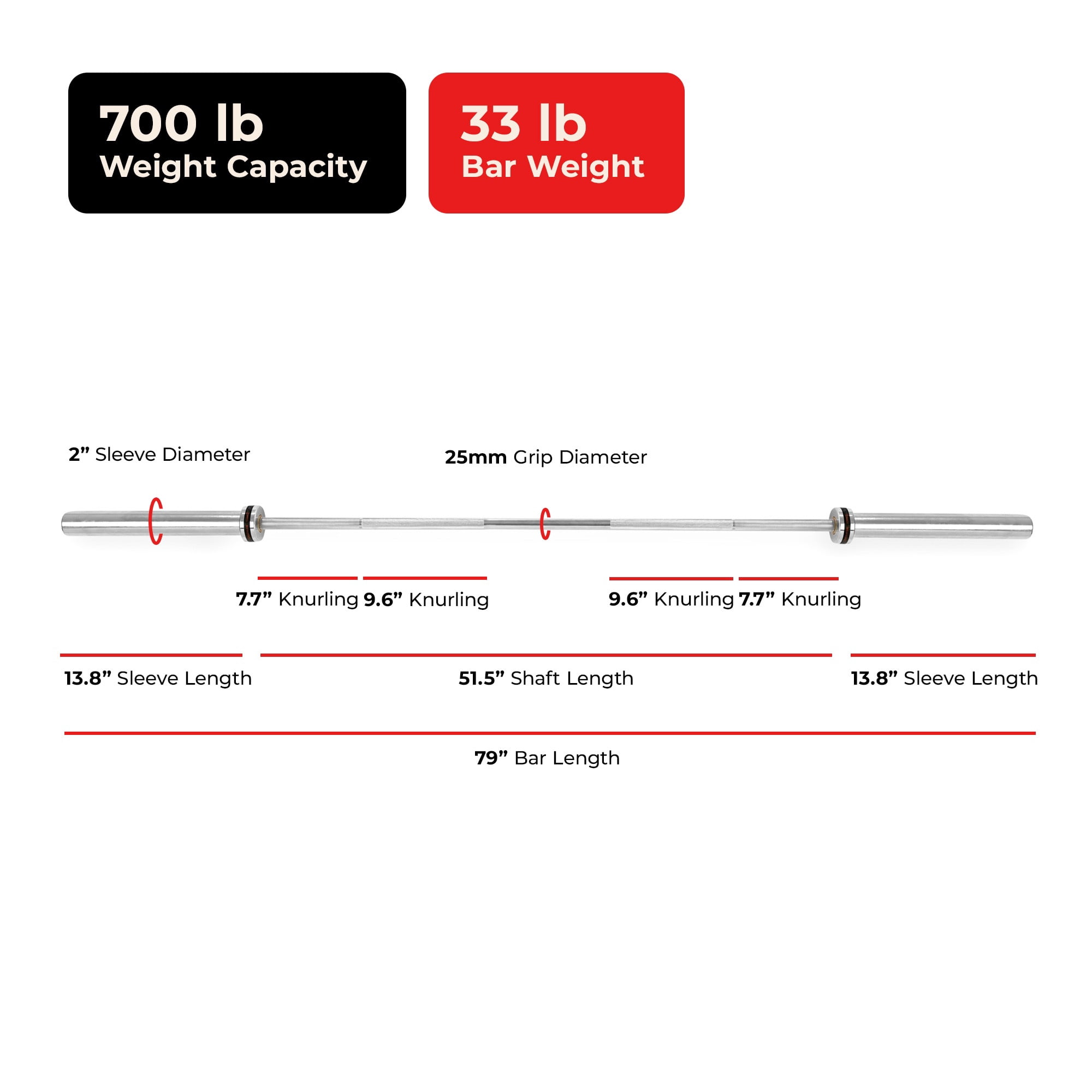 Sunny Health & Fitness 79” (6.6 ft) Olympic Barbell Bar - SF-OB04-79