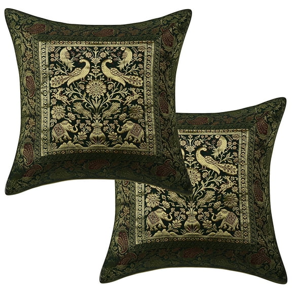 Stylo Culture Ethnic Sofa Throw Pillow Covers 16x16 Jacquard Peacock Dark Green Square 40cm x 40cm Home Decor Brocade Elephant Zippered Cushion Covers | Set Of 2