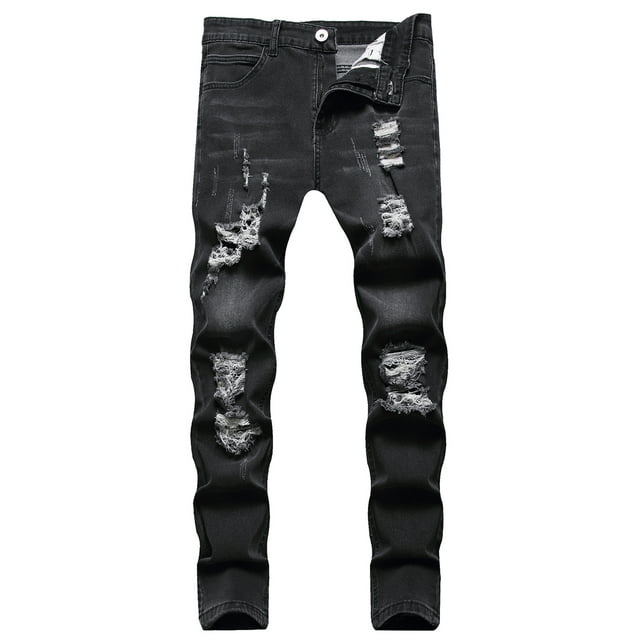 Kmbangi Men Casual Jeans+Solid Color Long Trousers with Broken Holes