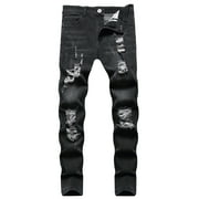 Nituyy Men Casual Jeans, Solid Color Long Trousers with Broken Holes
