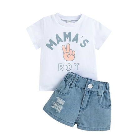 

Sunisery Toddler Infant Baby Boys 2Pcs Clothes Suit Short Sleeve Tops Casual Denim Ripped Shorts Summer Outfits White 18-24 Months