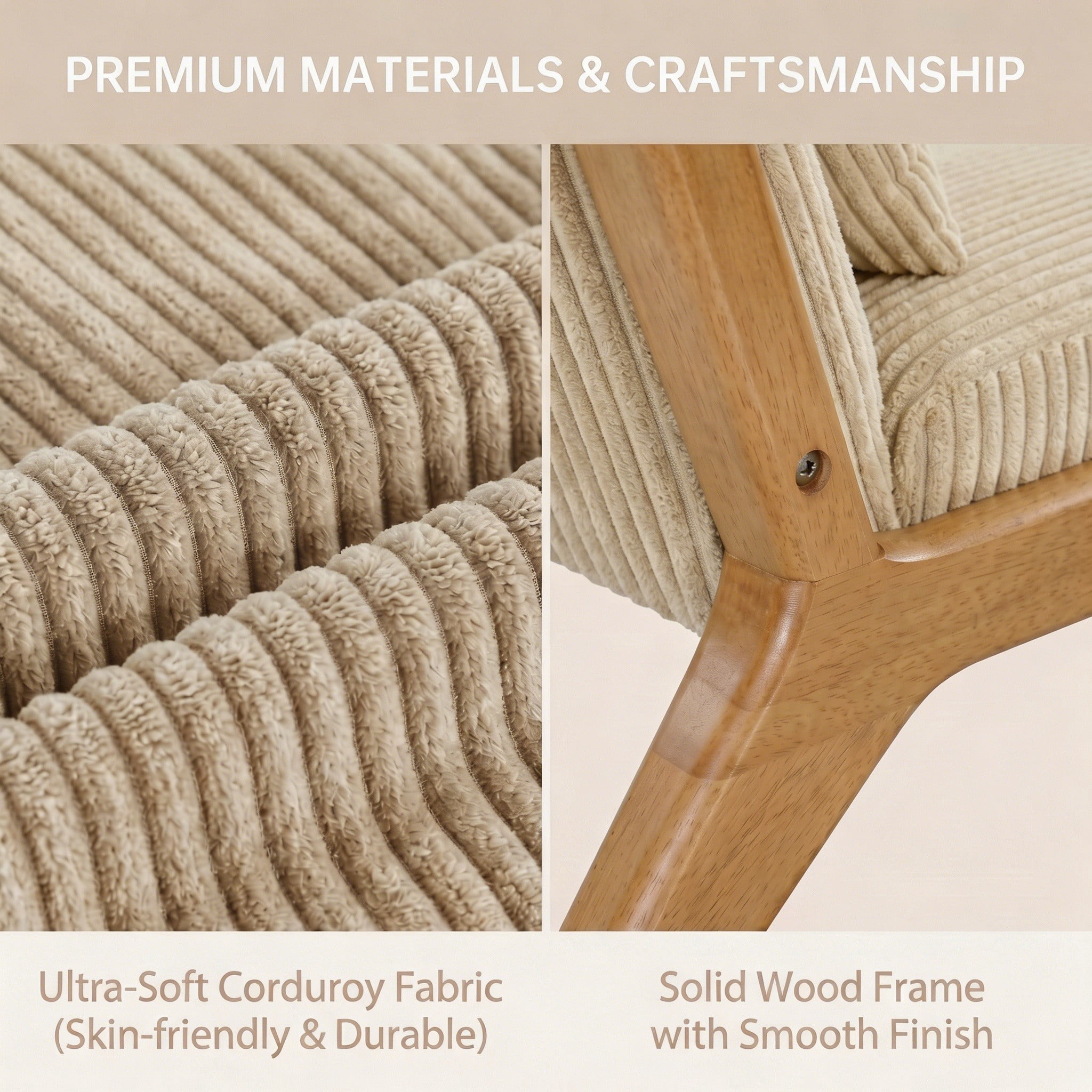 Mid-Century Modern Corduroy Accent Chair with Solid Wood Frame & Lumbar Pillow, Beige