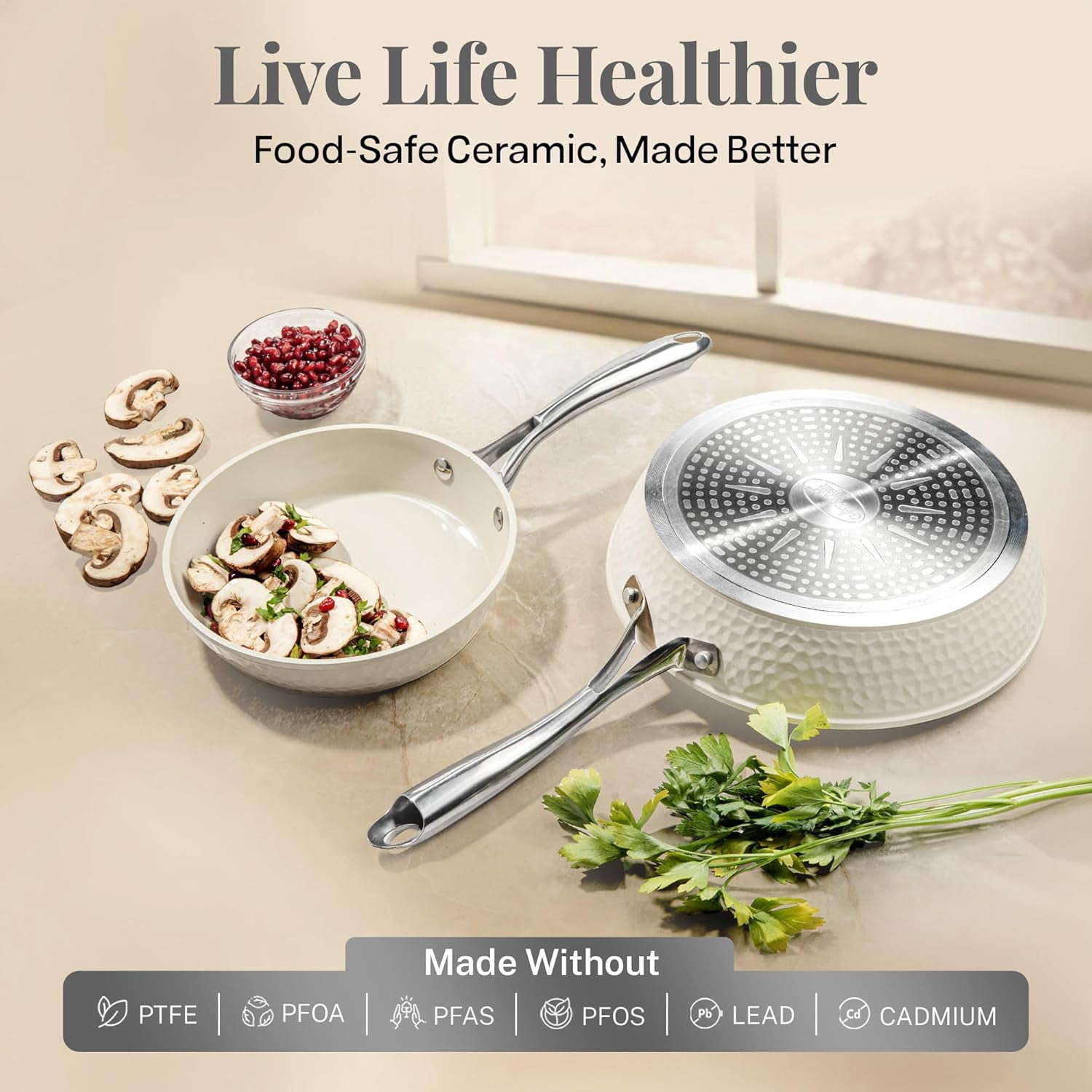 Gotham Steel Hammered 10 Inch Non Stick Frying Pans with Lid, Frying Pans Nonstick w/ Lid, Healthy and Non Toxic Ceramic Pan for Cooking, Nonstick Frying Pan, Induction Pan, Dishwasher Safe – Cream