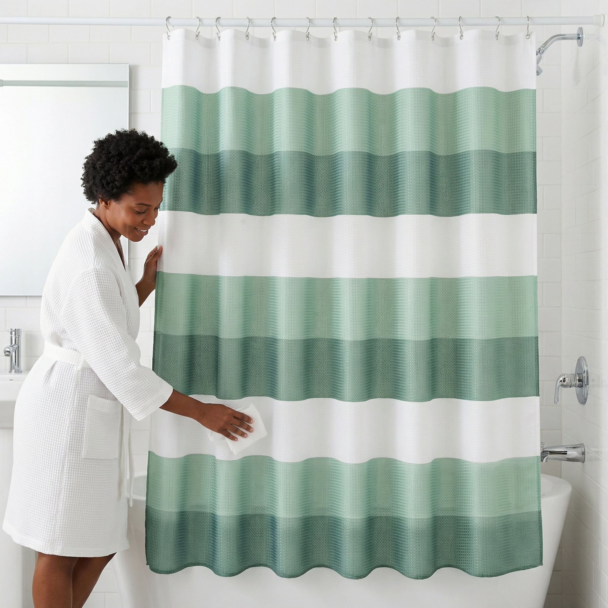 Unique Bargains Waffle Stripe Shower Curtain Sets with 12 Hooks Green 71"W x 71"L