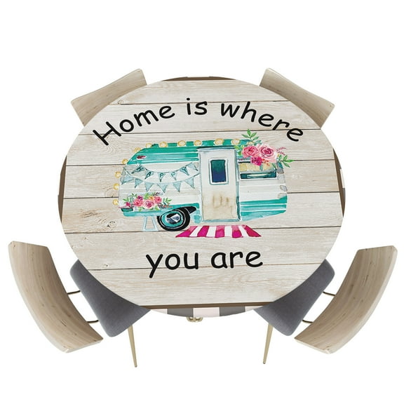 Fitted Round Tablecloths Table Covers 55-60in,Watercolor Camping RV and Flowers Waterproof Elastic Edged Table Cloth for Kitchen Dining Holiday Party Tables Decor,Buffalo Grid and Wood Grain