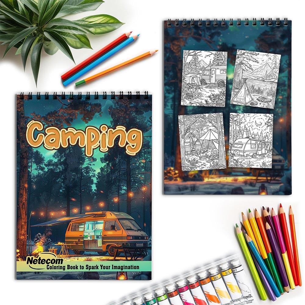 Netecom Camping Coloring Book for Adults, Spiral Bound, Soft Cover