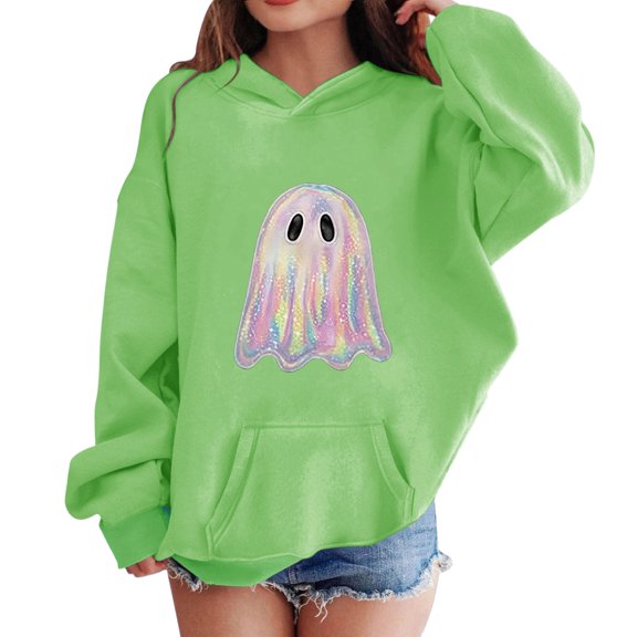 YunPes Girls Hoodies Oversized Baggy Long Sleeve Sweatshirt Cute Cartoon Ghost Halloween Shirt Teen Fall Winter Daily Wear