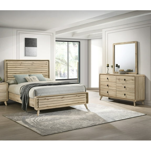 Mid-century Natural Beige Brown Finish 3pc King Bed Dresser Mirror Set