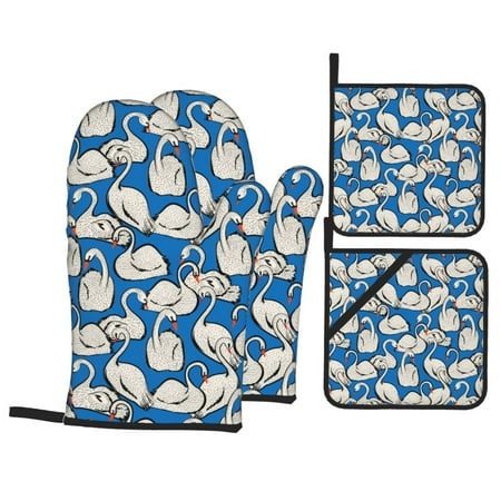 

Oven Mitts and Pot Holders 4 Piece Swan Birds High Heat Slip Resistant Oven Mitt and Trivets Set Kitchen Oven Glove Pot Holders for Cooking Baking Grilling