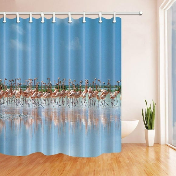 BOSDECO 3D Digital Printing Tropical Bird Decor Pink Flamingo Birds Dancing by the Sea Polyester Fabric Bath Curtain, Bathroom Shower Curtain 66x72 inches
