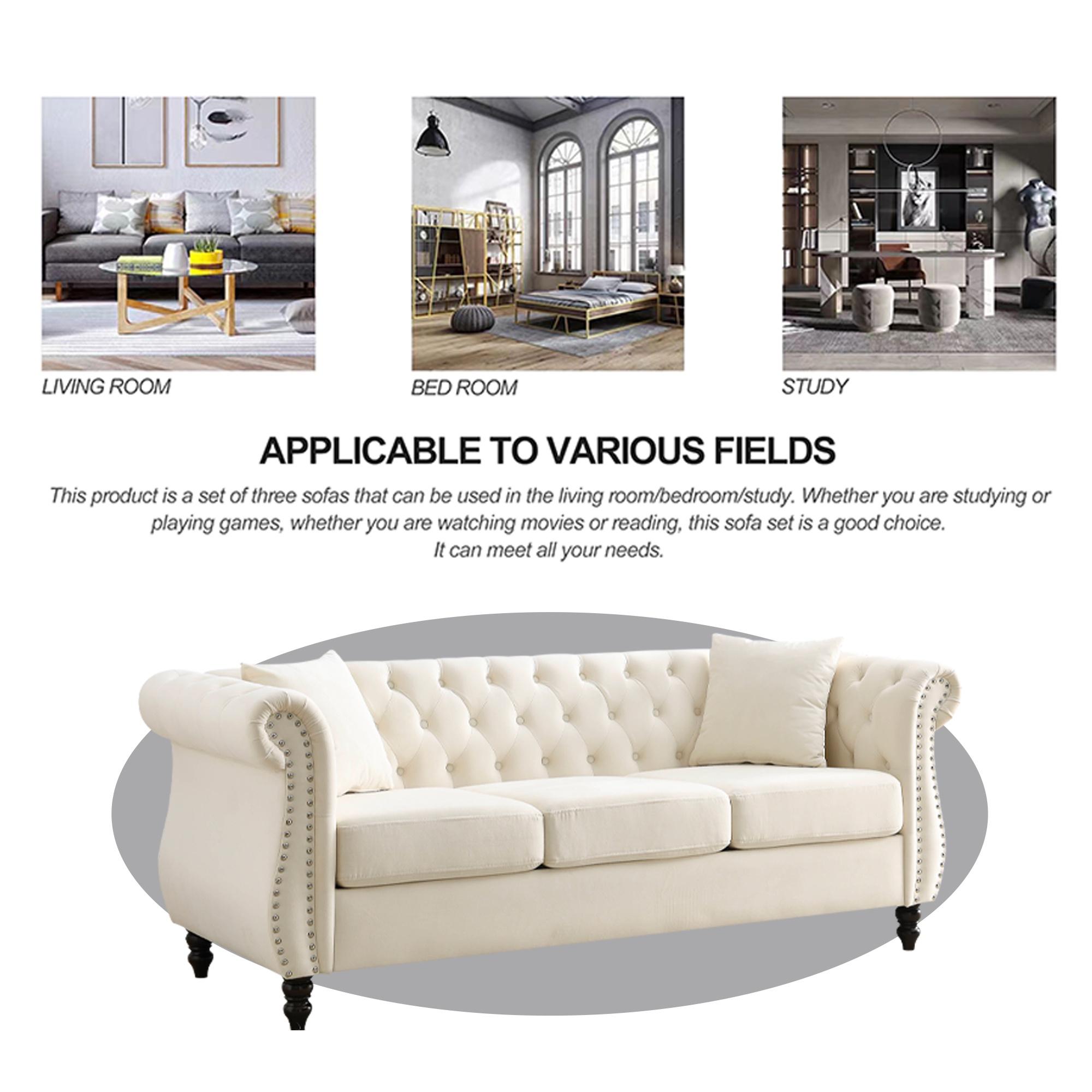 FURNINEST Living Room Sofa Furniture, Mid-Century 3-Seat Couches and Sofas, Velvet Upholstered Sofa Sofa with 2 Pillows and Wood Legs, Velvet Sofa for Living Room Bedroom, 80"L x 29"W x 30"H, Beige