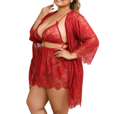 JAKANYQ Lingerie Womens Plus Size Lingerie Lace Chemise Sexy Mesh Sleepwear Deep V Teddy Nightdress For Sexy Comfy Breathable