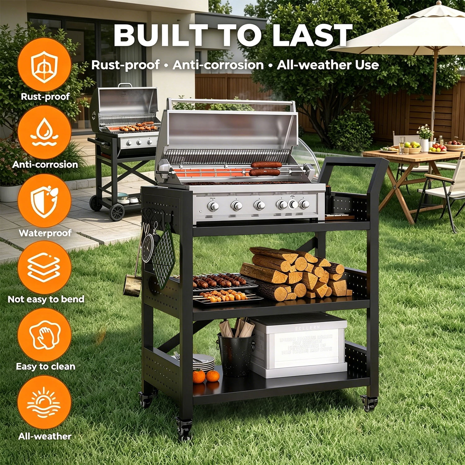 Heavy-Duty Grill Cart with 3-Tier Storage and Pegboard for BBQ