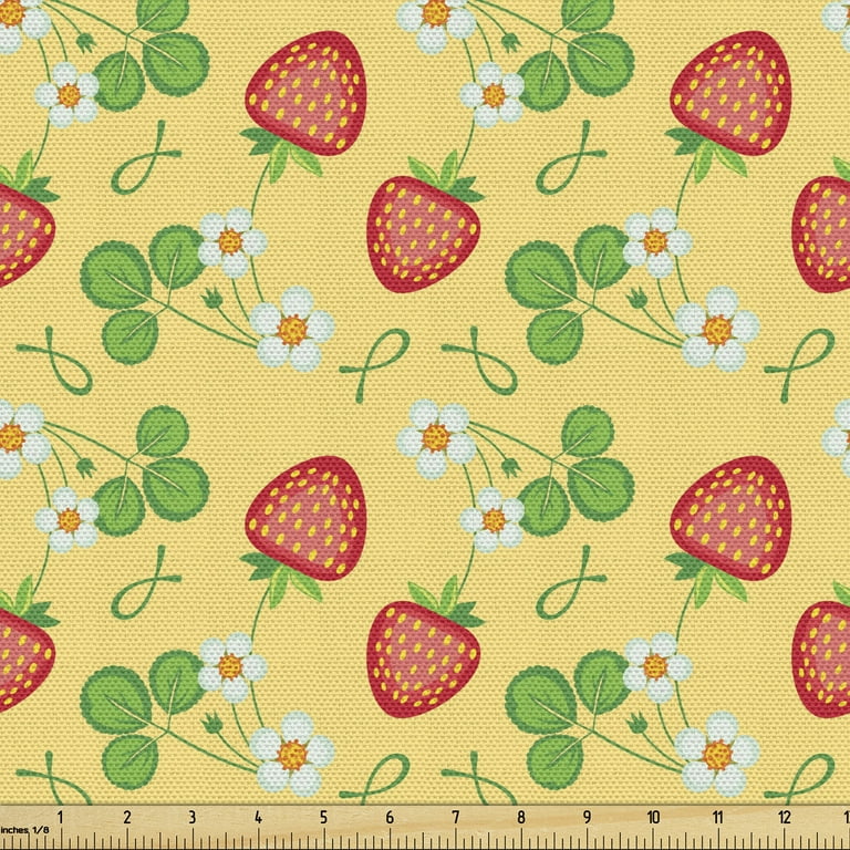 Strawberry Fabric by the Yard, Fresh and Healthy Summer Fruits and Blossoms  Organic Eating, Upholstery Fabric for Dining Chairs Home Decor Accents, 5  Yards, Mustard Vermilion by Ambesonne 