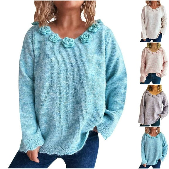 WRKEKC Women's Floral Decor Crewneck Knit Pullover Sweater Long Sleeve Feminine Blossom Embellished Tops Womens Sweater