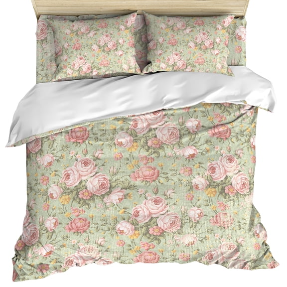 Pink Flowers Duvet Cover Set, Green Country Botanical Floral Leaves Soft Duvet Cover Full Size Bedding Set 4 Pieces, 1 Quiltcover and 2 Pillowcases with Zipper, 1 Bed Sheet for All Seasons
