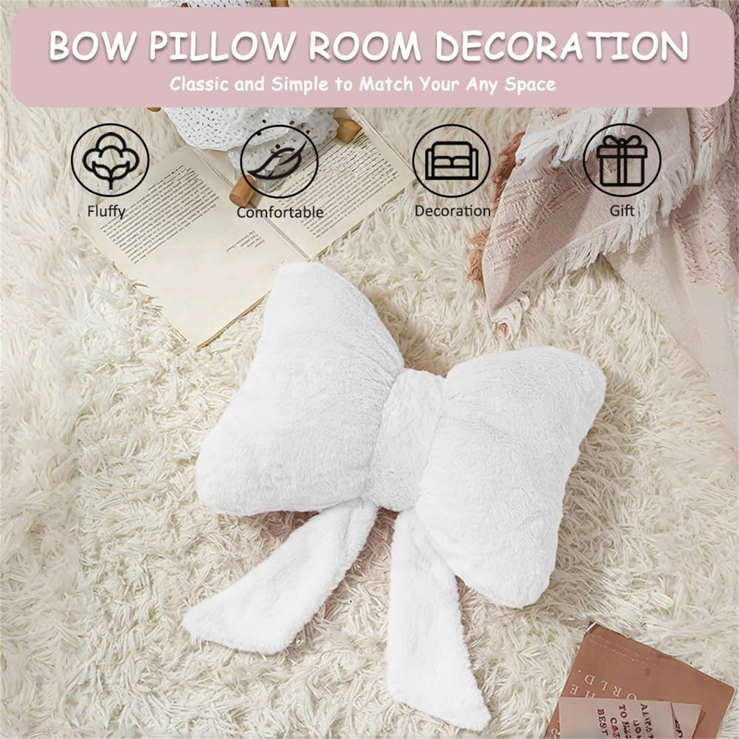 Topboutique Bow Pillow,Bowknot Throw Pillows,Soft Decorative Pillows,Bow Shaped Plush Pillow,Bow Pillow Plush Cushion for Bedroom Sofa Couch Car Headrest Home Decor,White